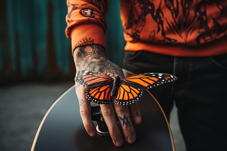 butterfly mental health tattoo on hand symbolizing transformation and new beginnings