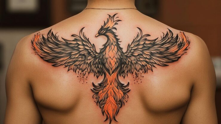 phoenix mental health tattoo on back symbolizing rebirth strength and recovery from depression
