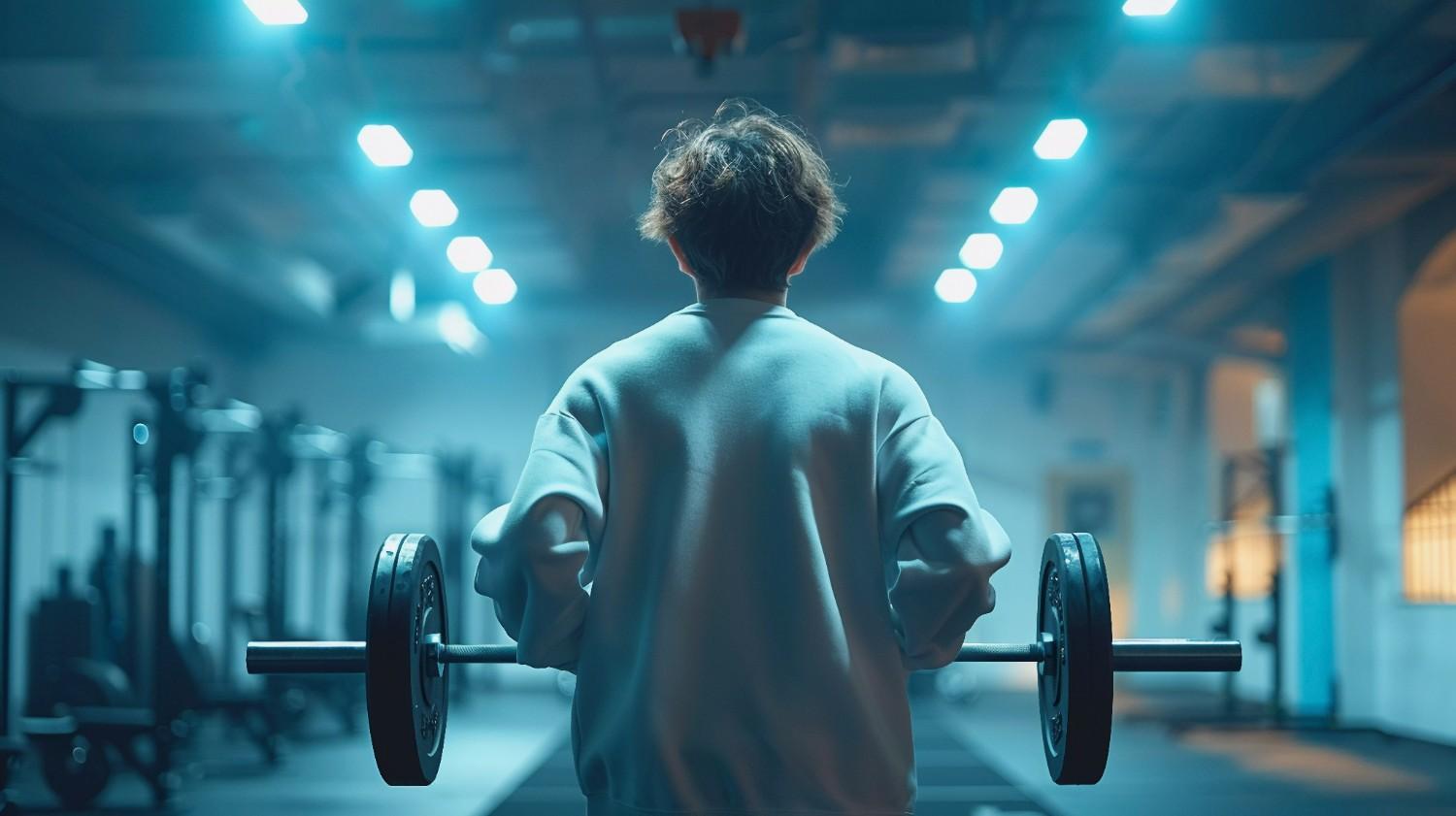 A man works out in Zym with a high-weighted rod