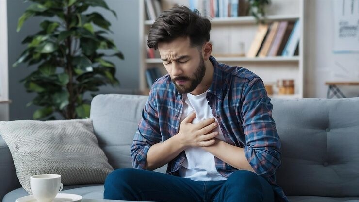 Person experiencing anxiety-related chest pain while holding their chest